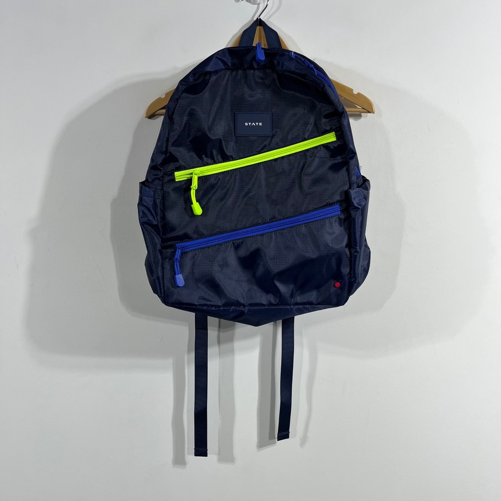 STATE Kane Kids Ripstop Backpack Navy Blue Neon Yellow Blue OS Travel Outdoors